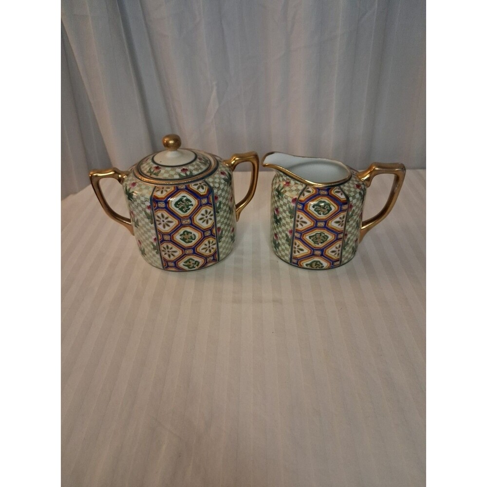 Nippon Hand Painted Landscape Sugar and Creamer Set Japan Early 1900s Porcelain